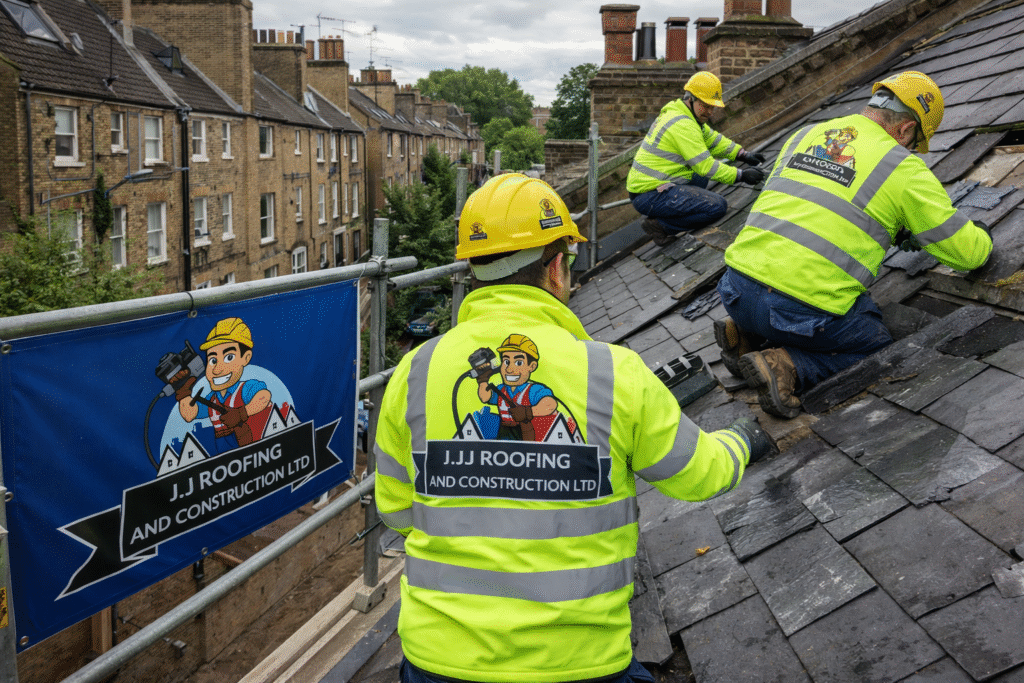 Emergency roof repair Camden by professional roofers fixing a leaking roof during storm damage