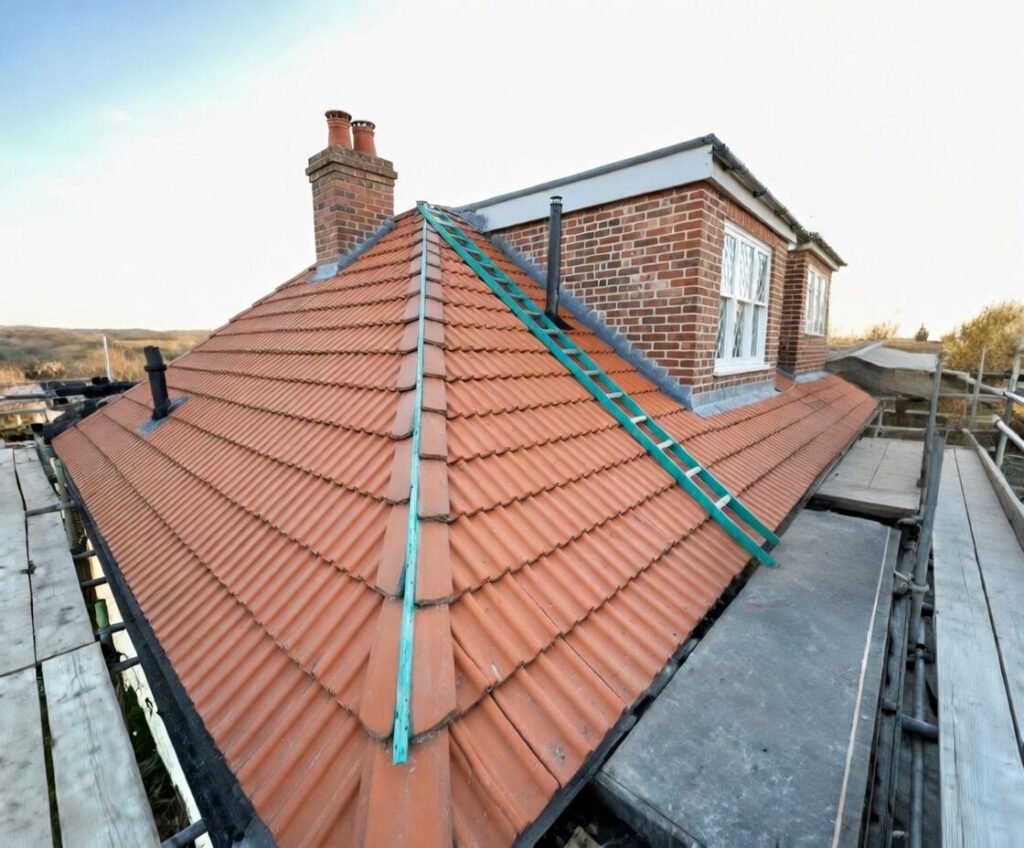 Emergency roof repairs in Hayes UB3 - professional roofing team installing temporary tarpaulin on a damaged roof during stormy weather