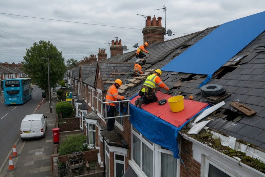 Urgent emergency roof repair in Acton – severe storm damage on residential roof requiring immediate fix