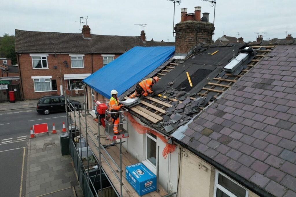 24 hour emergency roofers Acton fixing damaged roof with new felt and tiles in West London