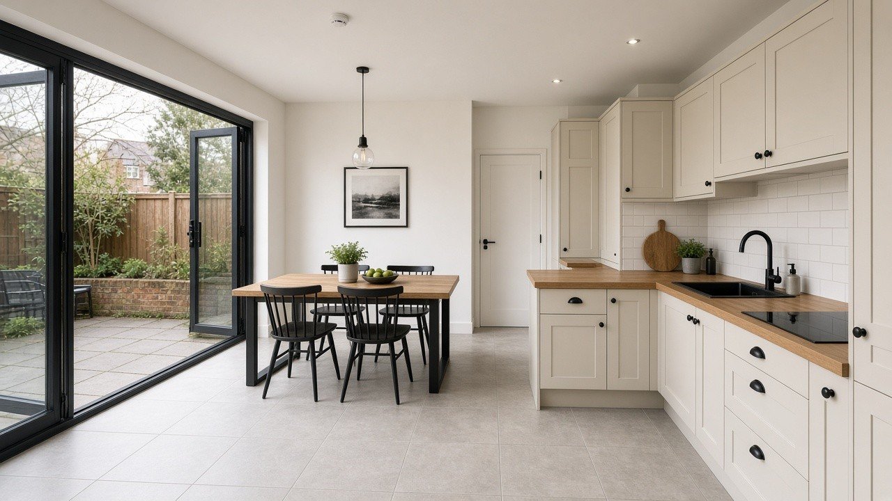 Open-plan kitchen diner inside a house extension in Hayes with bi-fold doors to the garden