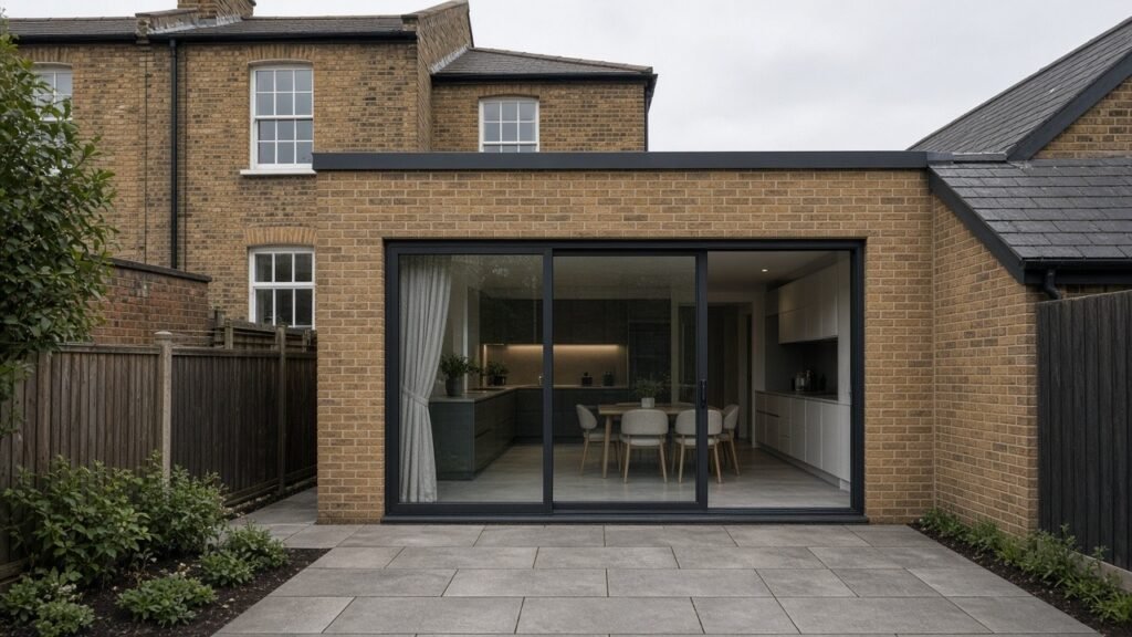 House extension Hayes — single-storey brick rear kitchen extension with sliding glass doors