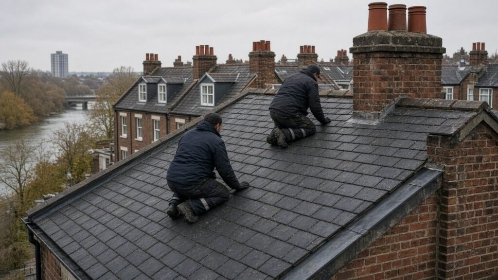 roofers Kingston surveying a KT terrace slate roof