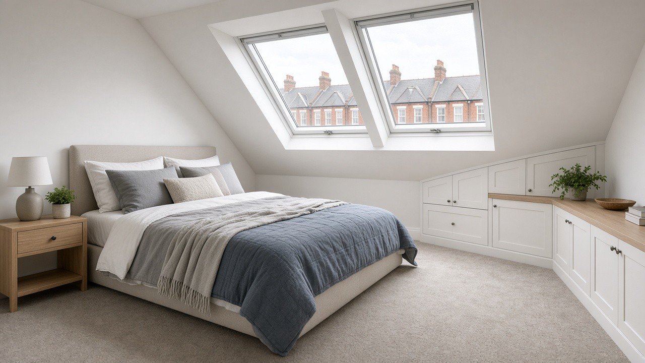 Finished loft conversion bedroom in Hayes with Velux roof windows and eaves storage