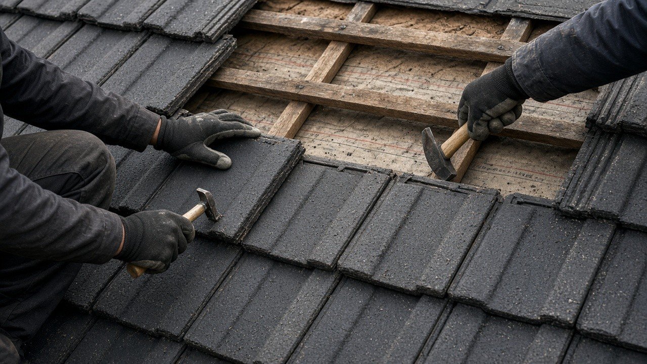 Roofers fitting interlocking concrete tiles on a pitched roof during new roof installation in Hayes