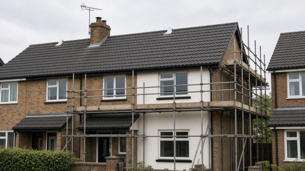 New roof installation Hayes — dark grey concrete tiles and scaffolding on a West London semi-detached home